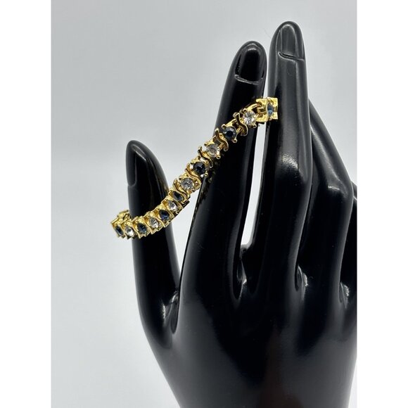 Vintage Gold Tone Metal and Faux Sapphire Faux Diamond Tennis Style Bracelet 80s - Picture 7 of 13
